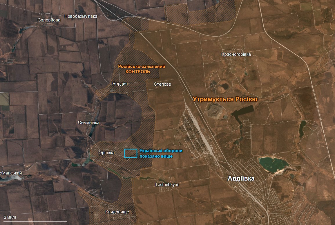 Контрольована Росією територія (станом на 29 лютого 2024 року) з проекту критичних загроз Інституту вивчення війни з American Enterprise Institute; Російські укріплення за даними Брейді Афріка